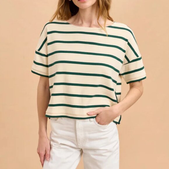 La Ligne Tops - La Ligne Short Sleeve Breton Tee Green/Ecru Striped Size Small